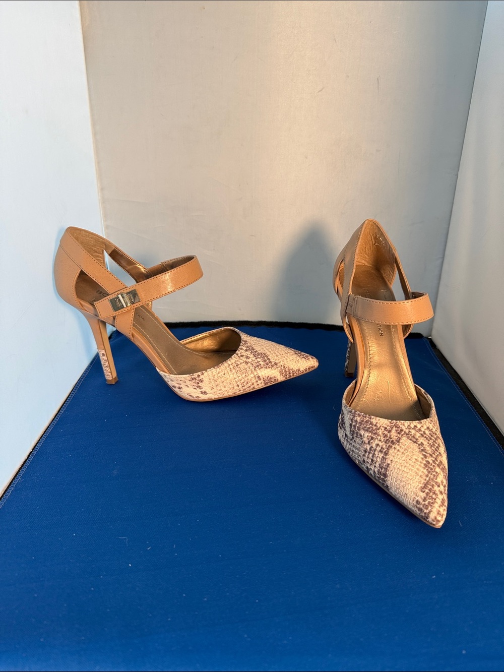 BCB generation tan Snake-Print Pointed Mary Jane Heels with Ankle Strap